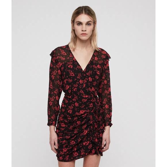 AllSaints Harlow Eira Red Floral Ruched V-Neck Long Sleeve Sheer Mini Dress XS - Picture 2 of 11